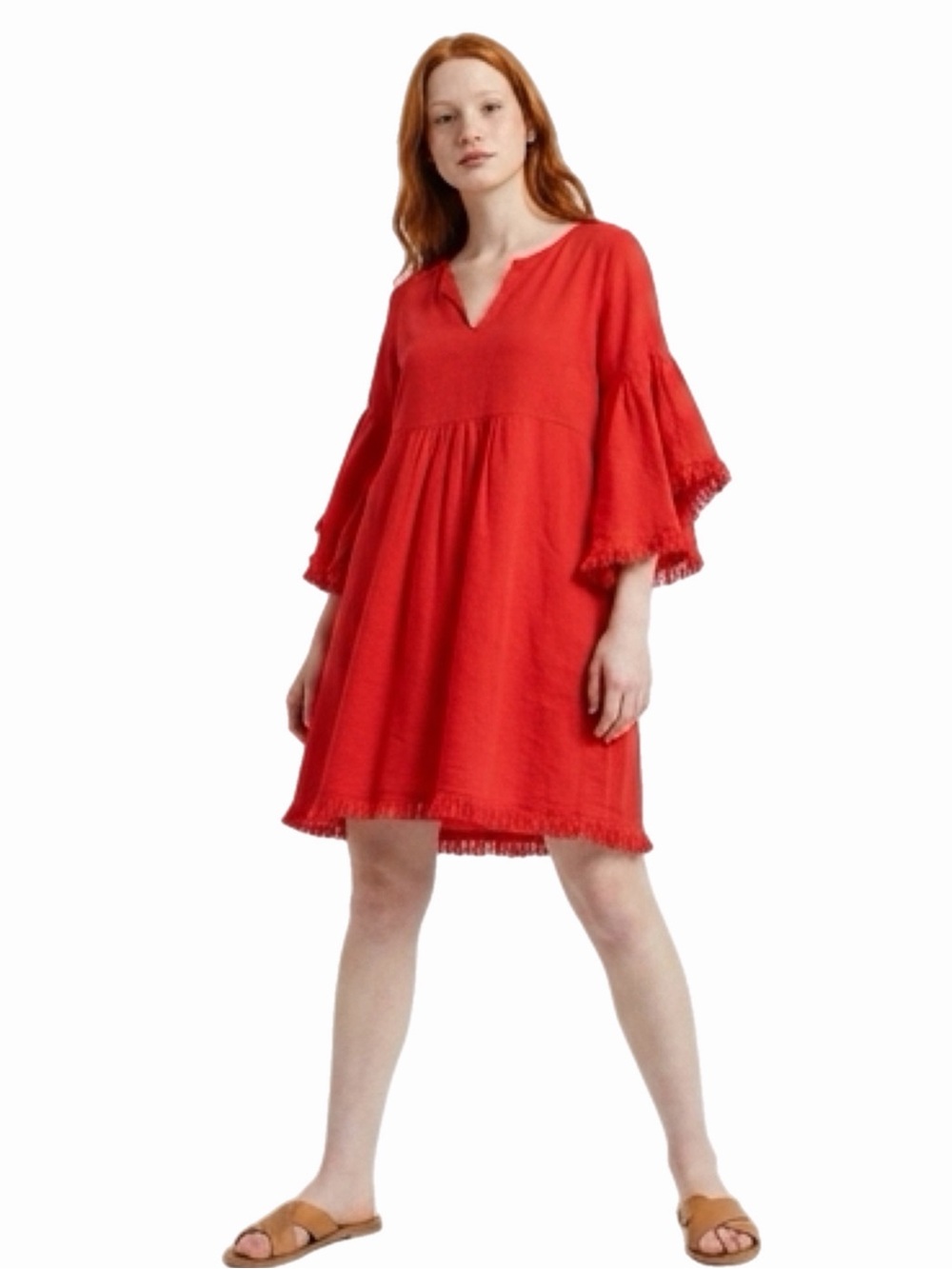 Y2K Vintage Umgee Linen Flutter Sleeve Fringe Mini Dress (Red) Size Small